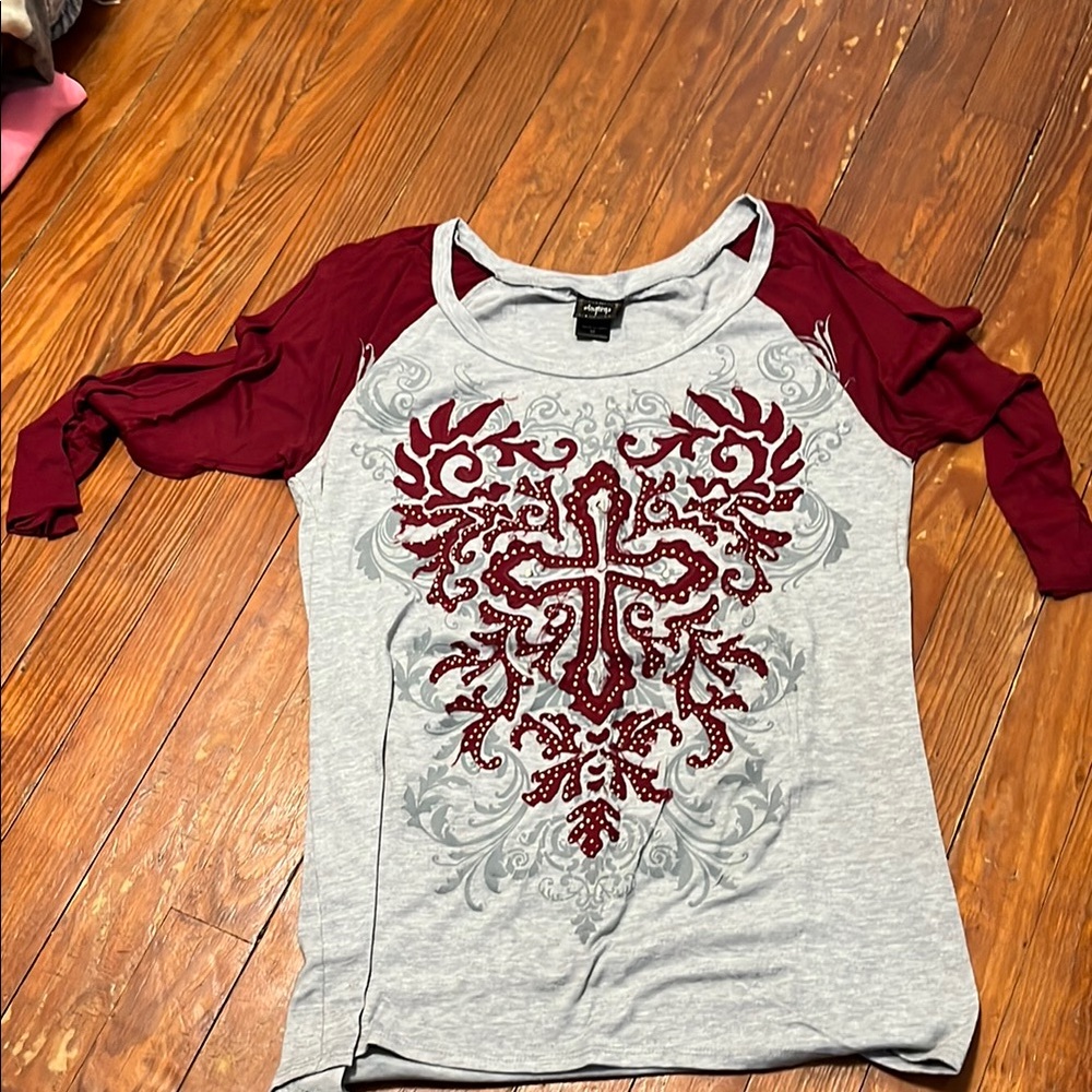 Women's Burgundy and Gray Embellished Top